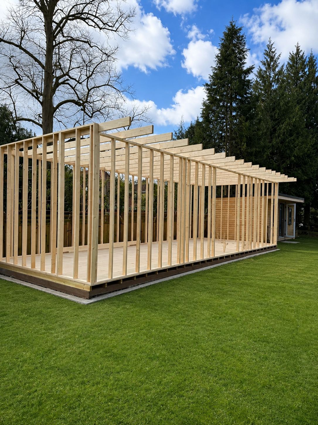 Golf simulator room timber frame under construction — Crowthorne Construction